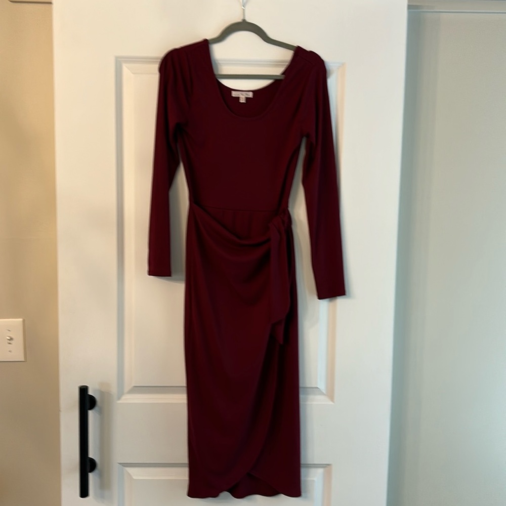 Long sleeve faux wrap dress - burgandy/crimson